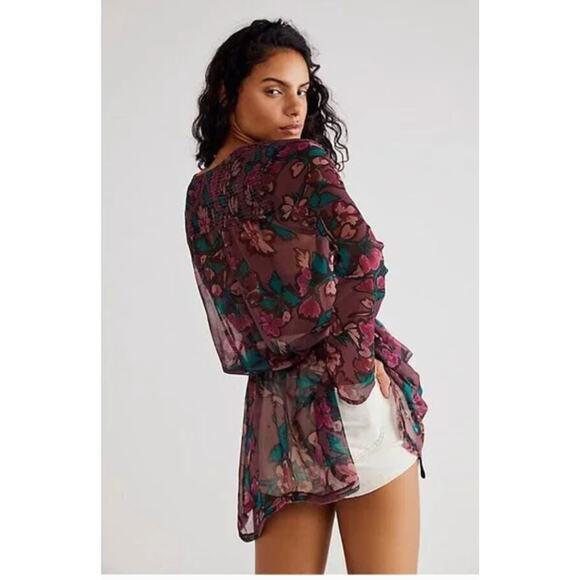 Free People Tunic Womens Small Purple Pink Floral Flume Smocked Wrap Sheer Boho - Picture 3 of 10